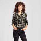 Women's Plaid Ruffle Front Button-up Top - Alison Andrews Olive/black L,