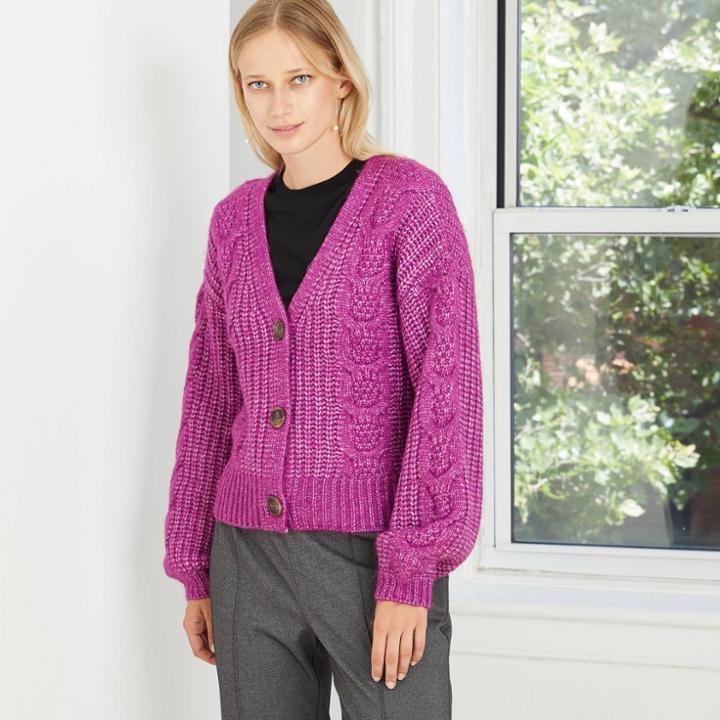 Women's V-neck Cable Knit Button-front Cardigan - A New Day Purple