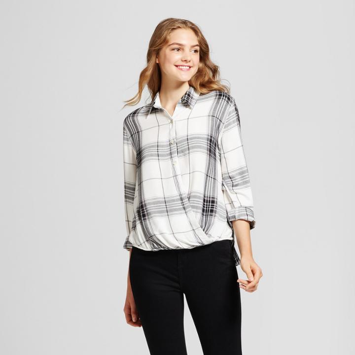 Women's Plaid V-neck Woven Top - Mossimo Supply Co. White