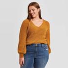 Women's Plus Size V-neck Balloon Sleeve Chenille Pullover Sweater - Ava & Viv Orange X