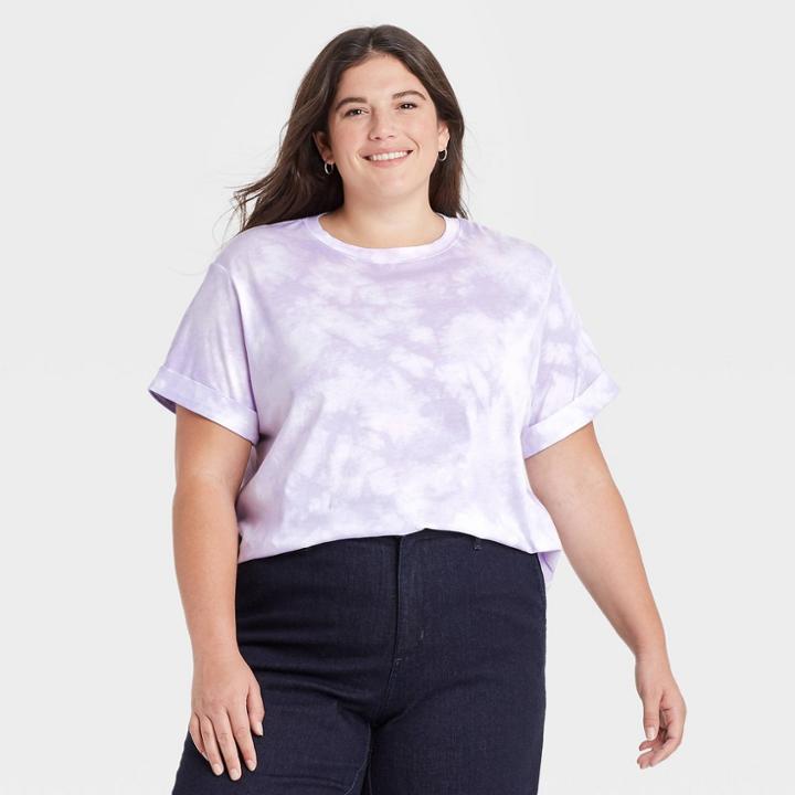 Women's Plus Size Tie-dye Short Sleeve Cuff T-shirt - A New Day Purple