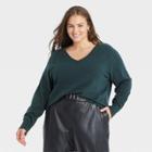 Women's Plus Size Lightweight V-neck Pullover Sweater - A New Day Dark Green