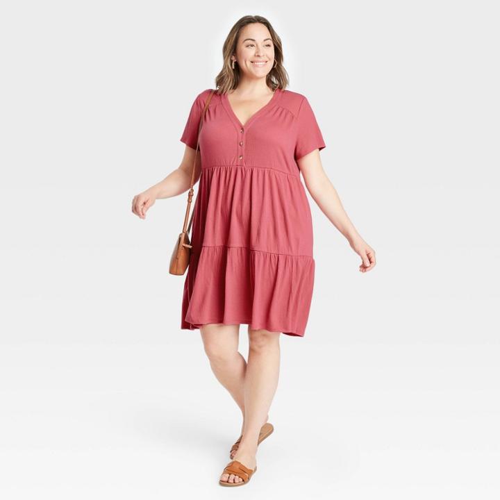 Women's Plus Size Short Sleeve Button-front Knit Tiered Babydoll Dress - Knox Rose Pink