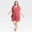 Women's Plus Size Short Sleeve Button-front Knit Tiered Babydoll Dress - Knox Rose Pink