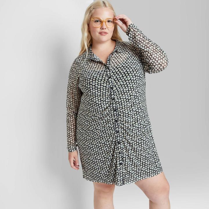 Women's Plus Size Long Sleeve Button-front Mesh Dress - Wild Fable Black Floral