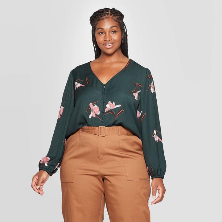 Women's Plus Size Floral Print Relaxed Fit Long Sleeve V-neck Covered Button Blouse - Ava & Viv Dark Green X