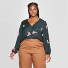 Women's Plus Size Floral Print Relaxed Fit Long Sleeve V-neck Covered Button Blouse - Ava & Viv Dark Green X