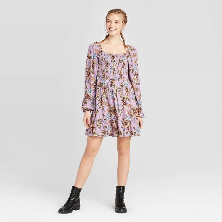 Women's Floral Print Long Sleeve Square Neck Smocked Top Mini Dress - Xhilaration Purple