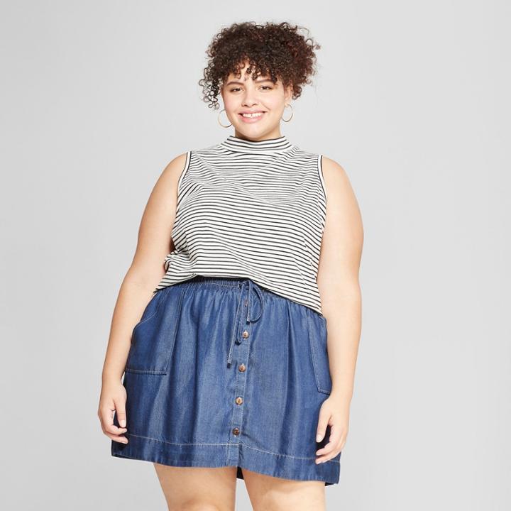 Women's Plus Size Striped Mock Neck Tank Top - Universal Thread Black X