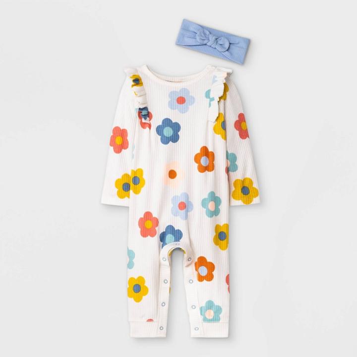 Baby Girls' Floral Rib Romper With Headband - Cat & Jack Cream Newborn, Ivory