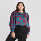 Women's Plus Size Floral Print Long Sleeve Blouse - A New Day Teal/pink