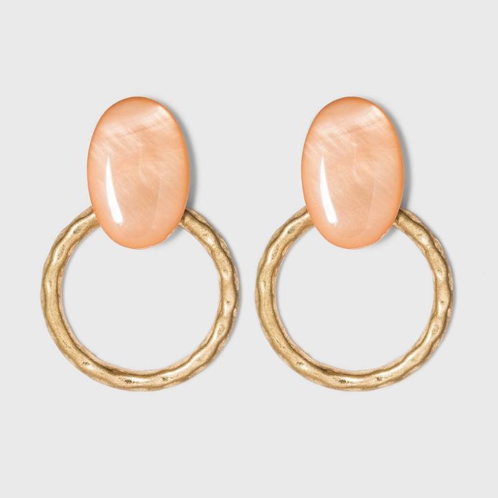 Shell And Hammered Metal Open Circle Drop Earrings - A New Day Pastel Peach