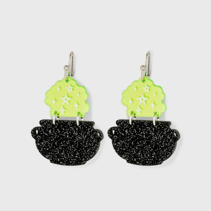 No Brand Halloween Glitter Witch Pot Drop Earrings - Green/black