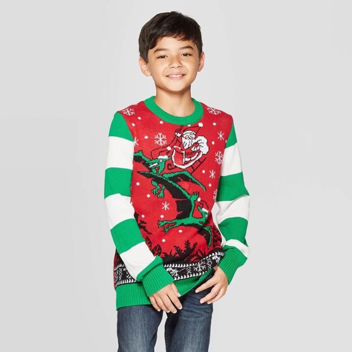 Well Worn Boys' Dino Days Santa Ugly Christmas Sweater - Red