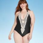 Women's Crochet Trim Plunge One Piece Swimsuit - Kona Sol Black M,