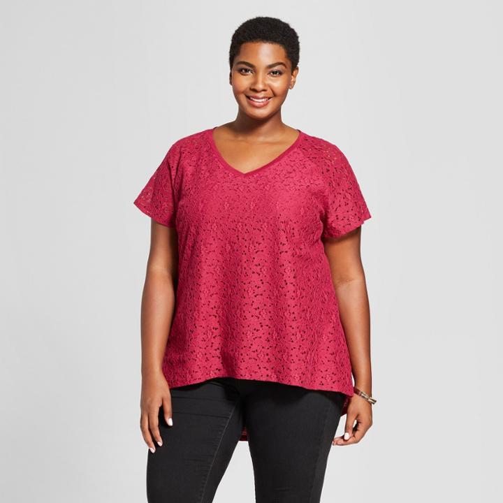 Women's Plus Size Lace V-neck Short Sleeve T-shirt - Ava & Viv Berry (pink) X
