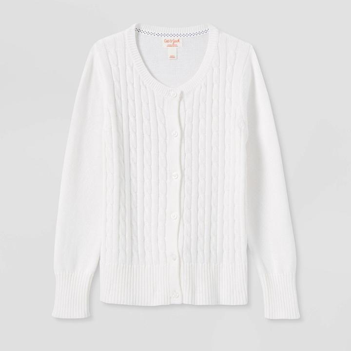 Girls' Crew Neck Cable Uniform Cardigan Sweater - Cat & Jack White