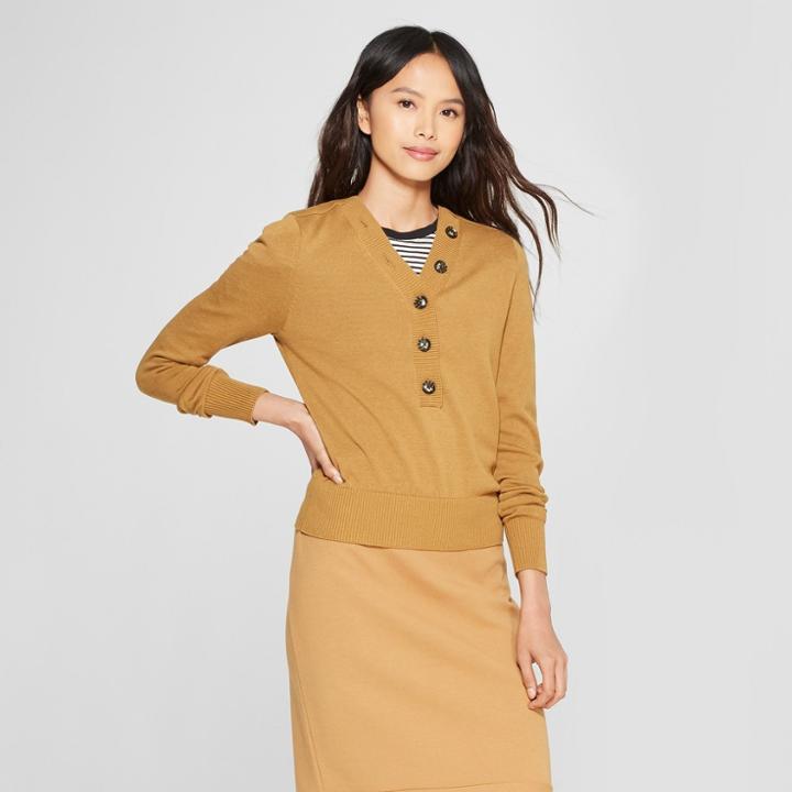 Women's Long Sleeve Henley Pullover Sweater - Who What Wear Tan