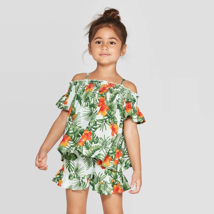 Toddler Girls' Off The Shoulder Floral Blouse - Art Class Green