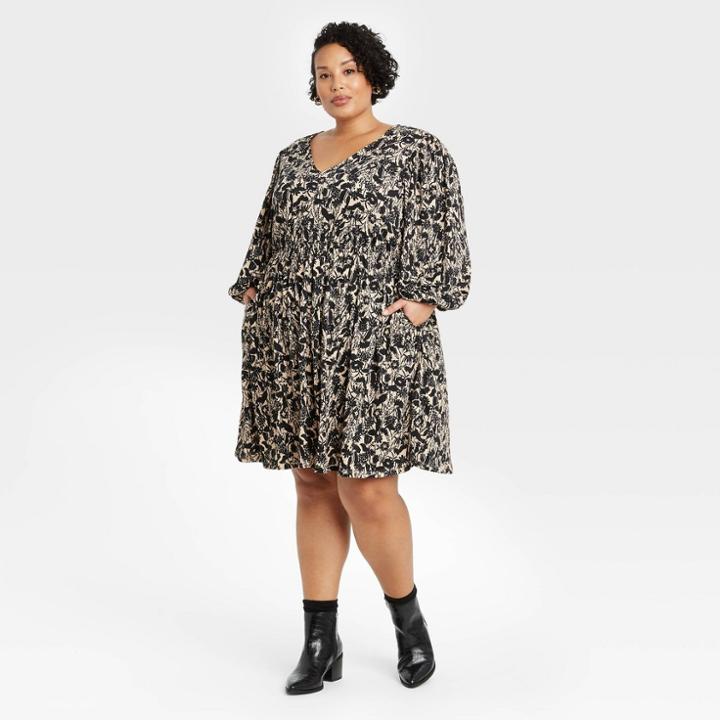 Women's Plus Size Floral Print Long Sleeve Knit Babydoll Dress - Ava & Viv Cream X, Ivory