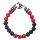 West Coast Jewelry Men's Crucible Stainless Steel Skull With Red Dyed Turquoise And Black Onyx Beaded Bracelet