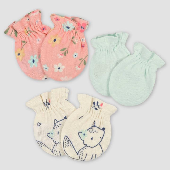 Gerber Baby 3pk Fox Mittens - Light Blue/yellow/orange