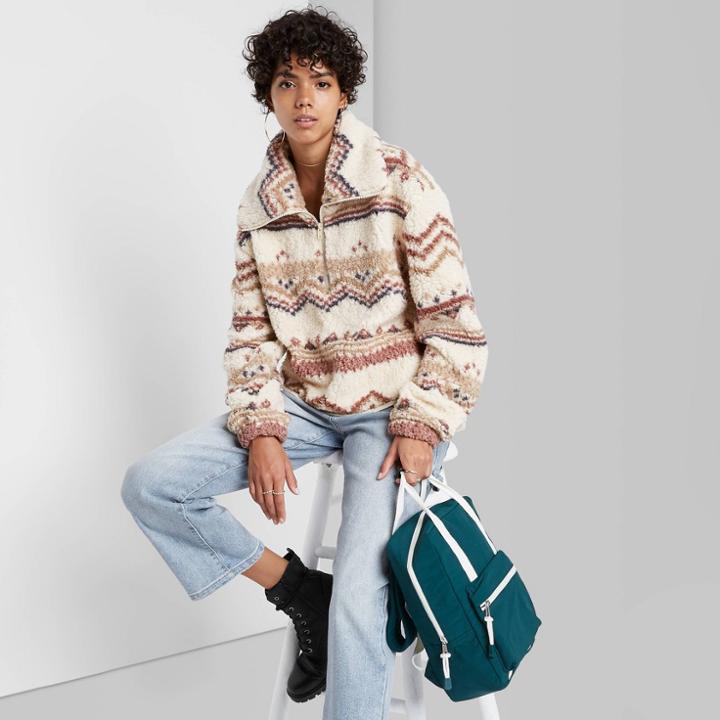 Women's Quarter Zip Sherpa Pullover Sweatshirt - Wild Fable Cream