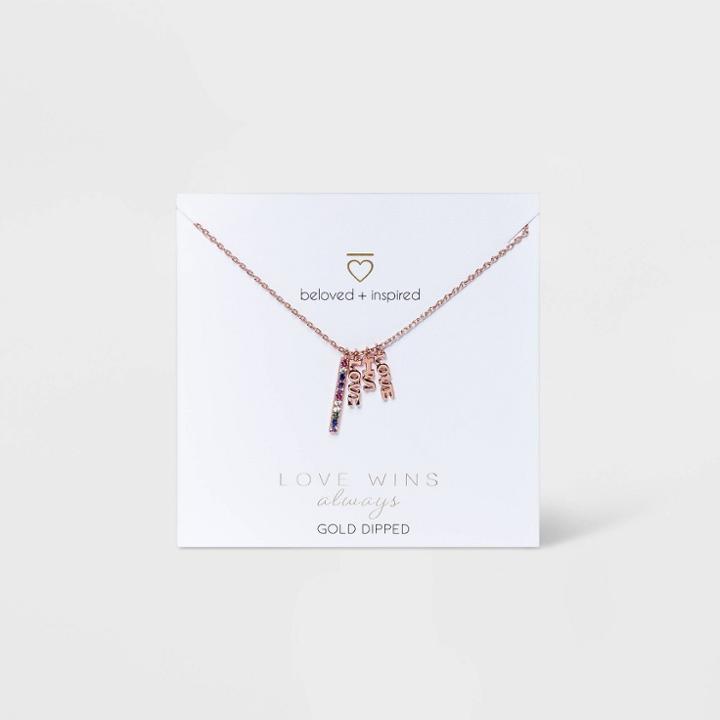 Beloved + Inspired Rose Gold Rainbow With Cubic Zirconia Bar 'love Is Love Charm Necklace