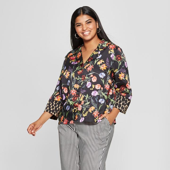 Women's Plus Size Floral Print Long Sleeve Pajama Shirt Jacket - Who What Wear Black X, Black Floral