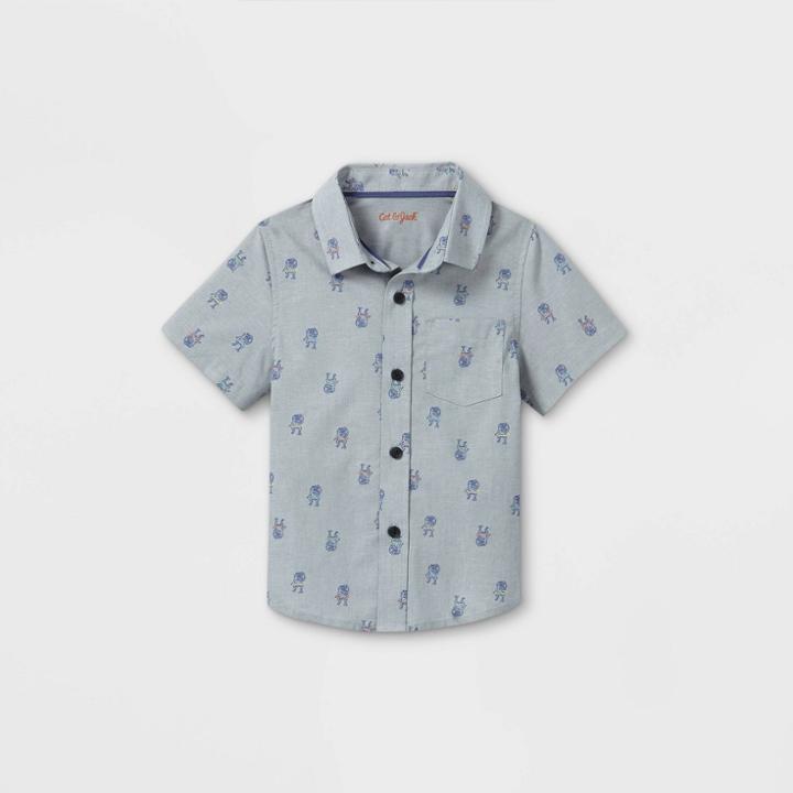 Toddler Boys' Dino Hula Hooping Poplin Woven Short Sleeve Button-down Shirt - Cat & Jack Gray