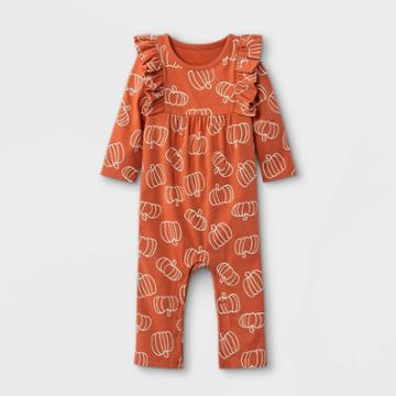 Baby Girls' Pumpkin Long Sleeve Romper - Cat & Jack Terracotta Newborn, Brown/ivory/orange