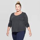 Women's Plus Size Long Sleeve Scoop Neck Sandwash Top - Ava & Viv Black