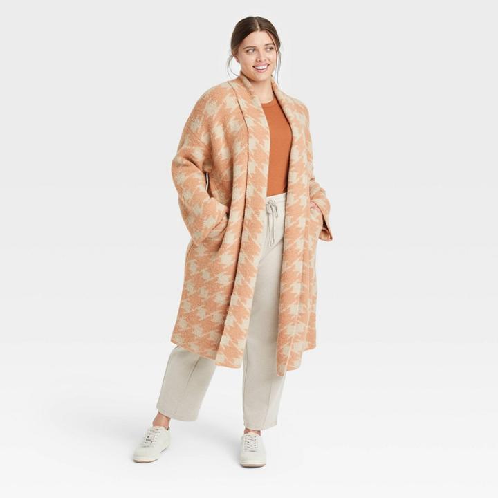 Women's Plus Size Houndstooth Open-front Sweater Cardigan - A New Day Cream