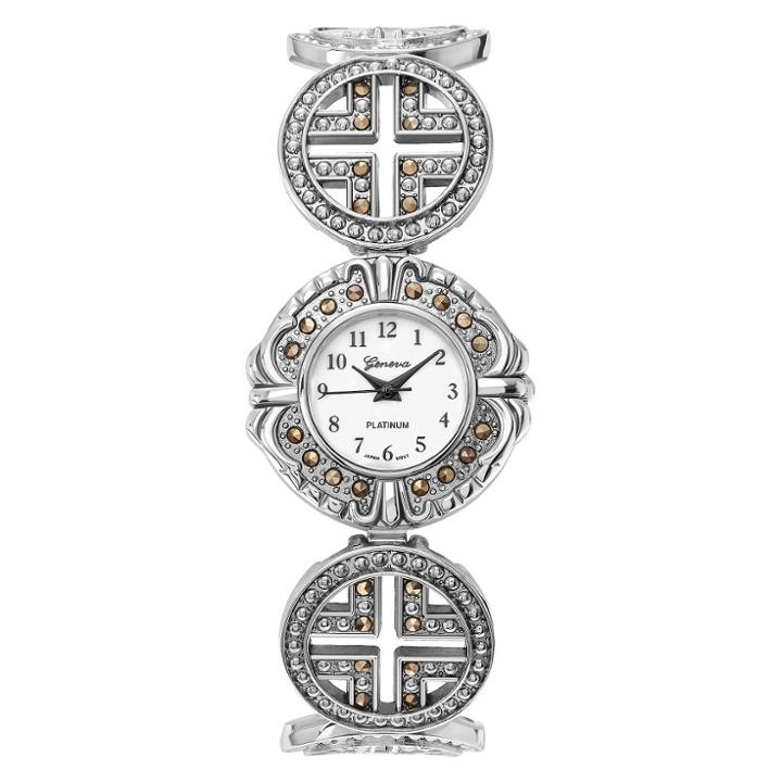 Women's Geneva Platinum Round Face Marcasite Accent Bracelet Watch -