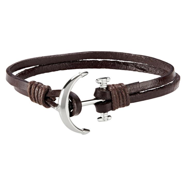 West Coast Jewelry Men's Leather Anchor Double Strand Bracelet - Brown - Size