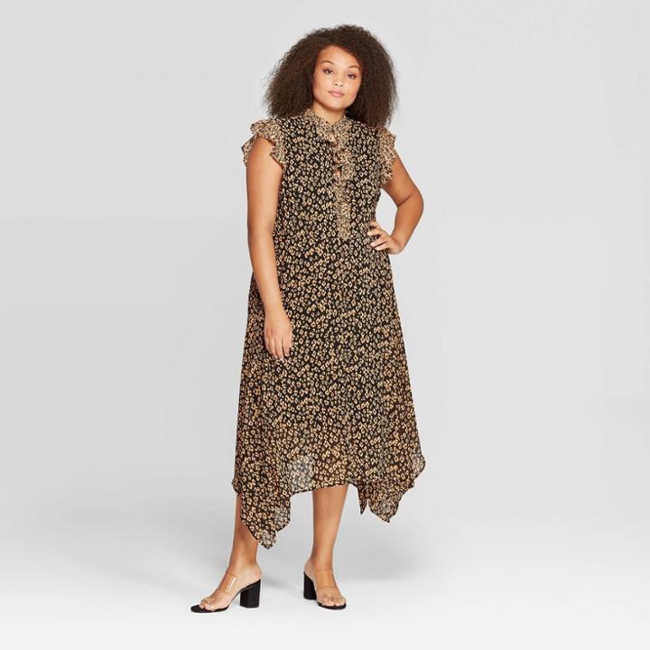 Women's Plus Size Leopard Print Casual Fit Sleeveless Collared Midi Dress - Who What Wear Black Tie 2x, Women's,