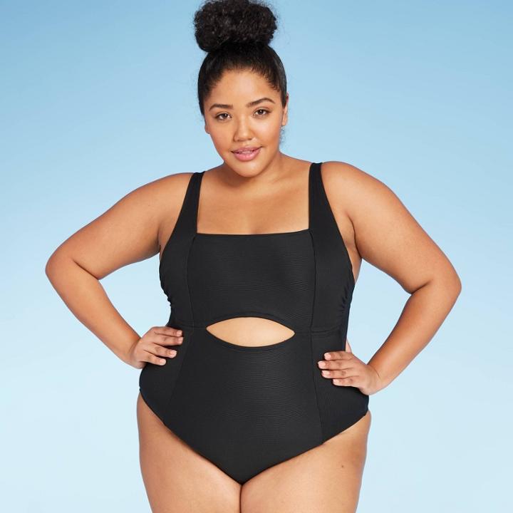 Women's Plus Size Ribbed One Piece Swimsuit - All In Motion Black
