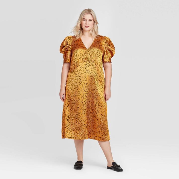 Women's Plus Size Animal Print Shirred Short Sleeve V-neck A Line Midi Dress - Who What Wear Yellow 1x, Women's,