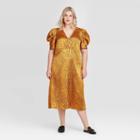 Women's Plus Size Animal Print Shirred Short Sleeve V-neck A Line Midi Dress - Who What Wear Yellow 1x, Women's,
