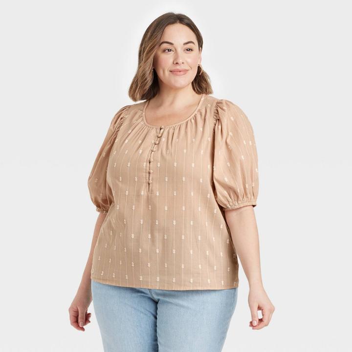 Women's Plus Size Puff Elbow Sleeve Button-down Blouse - Universal Thread Tan