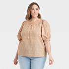 Women's Plus Size Puff Elbow Sleeve Button-down Blouse - Universal Thread Tan