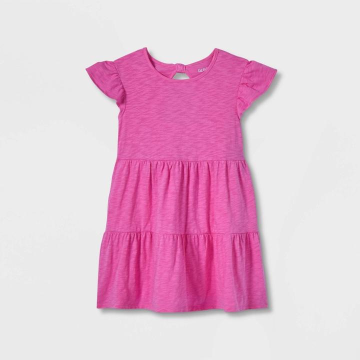 Girls' Wash Knit Tiered Short Sleeve Dress - Cat & Jack Bright Pink