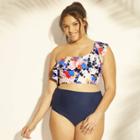 Women's Plus Size Ruffle One Shoulder Bikini Top - Sea Angel Floral Print 1x,