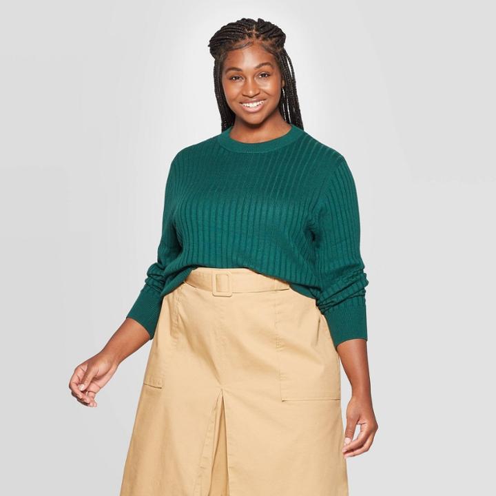 Women's Plus Size Long Sleeve Crewneck Pullover Sweater - Ava & Viv Dark Green 1x, Women's,