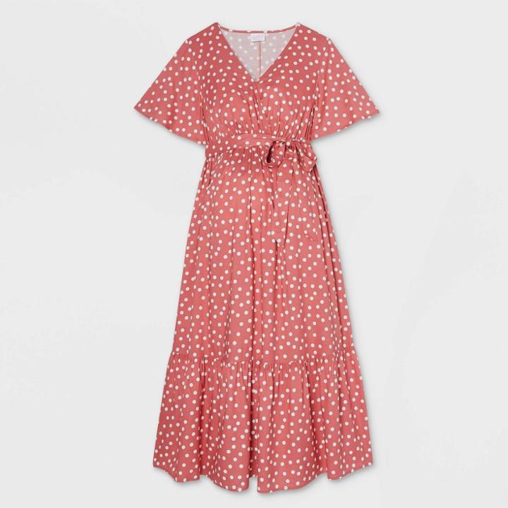 Polka Dot Flutter Short Sleeve Woven Maternity Dress - Isabel Maternity By Ingrid & Isabel Coral Pink