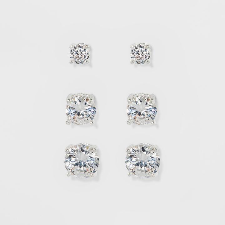 Women's Fashion Trio Crystal Round Stud Earring Set 3pc - A New Day Silver, Women's,