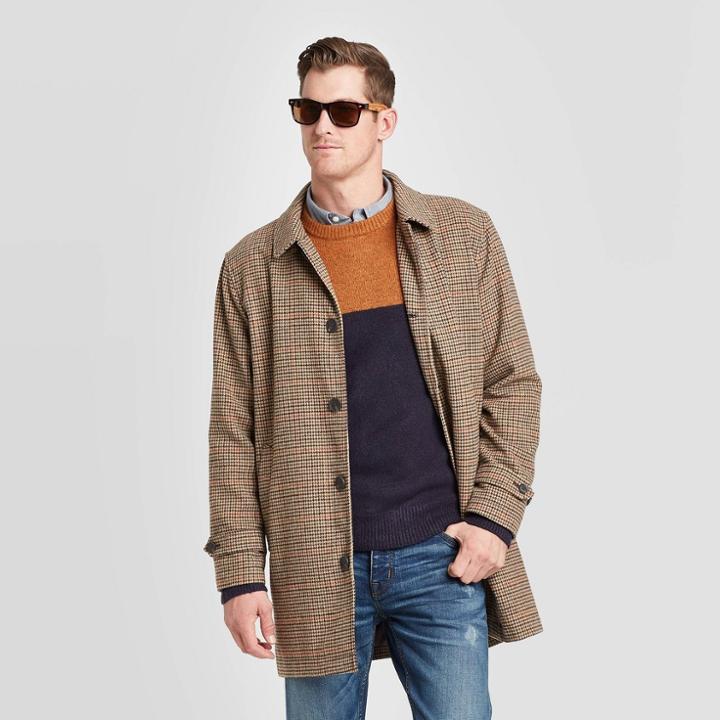 Men's Plaid Stadium Overcoat - Goodfellow & Co Khaki L, Size: