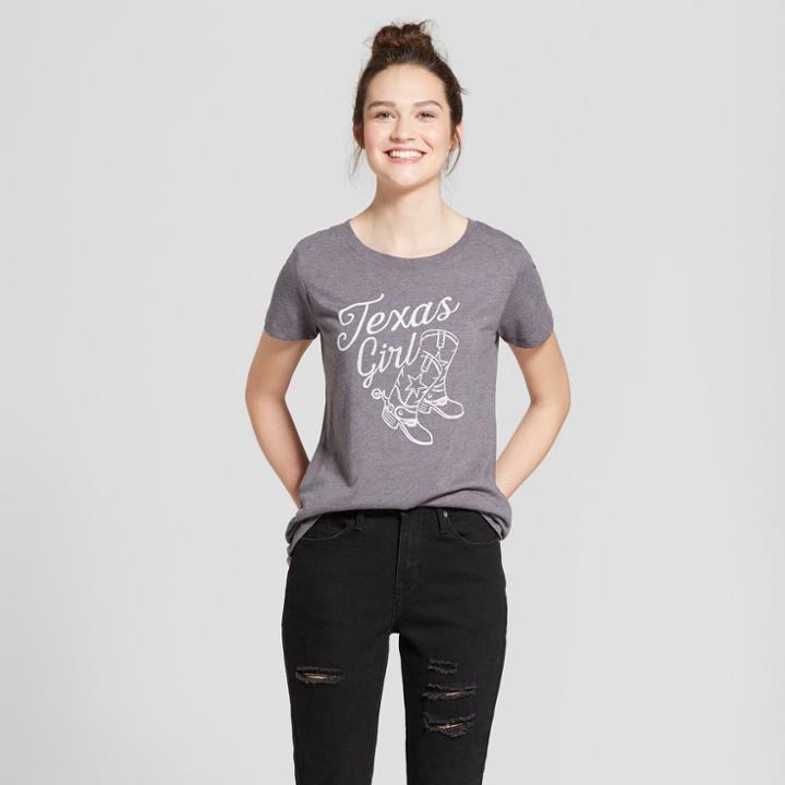 Petitewomen's Texas Girl Cowboy Boots Short Sleeve Scoop Neck Graphic T-shirt - Awake Gray