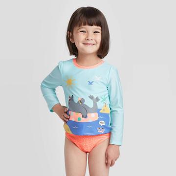 Toddler Girls' Sea Lion Sun Tan Long Sleeve Rash Guard Set - Cat & Jack Pleasant Turquoise 18m, Toddler Girl's, Blue/tan/turquoise