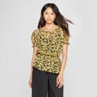 Women's Floral Print Short Sleeve Puff Shoulder Smocked Top - Who What Wear Yellow/black S, Yellow/black Floral